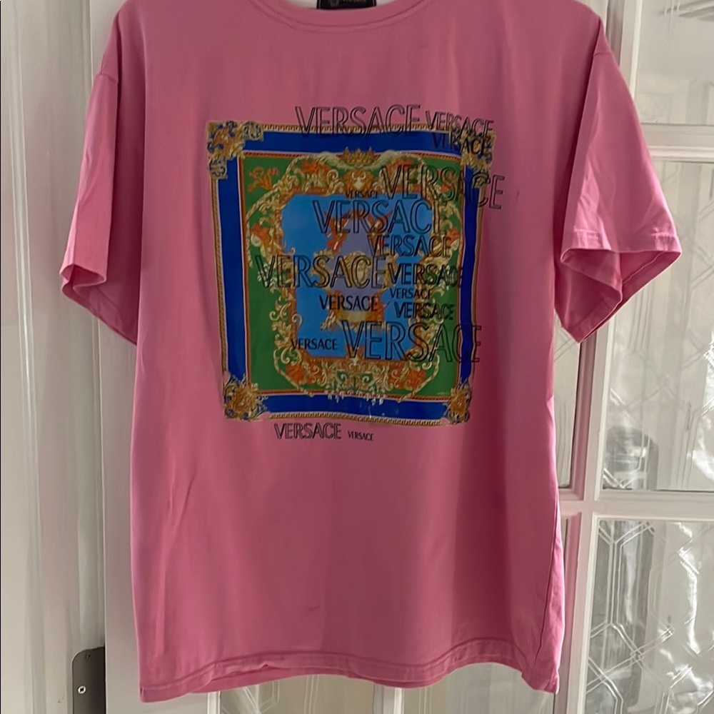 Versace Pink Short Sleeve Tee with Graphic Design